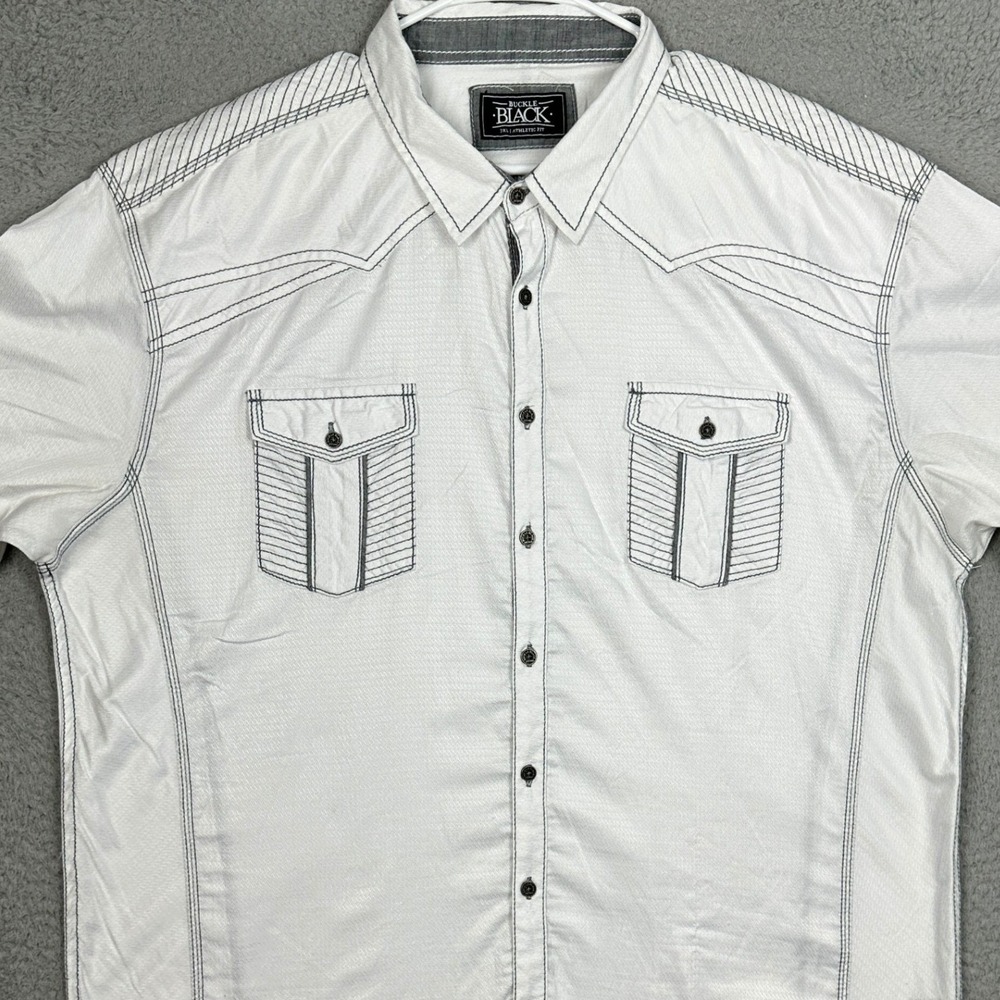 Buckle Black Shirt Mens 3XL Athletic Fit White Contrast Stitch Button Up Pockets